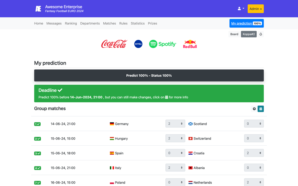 Schermata del gioco dei pronostici