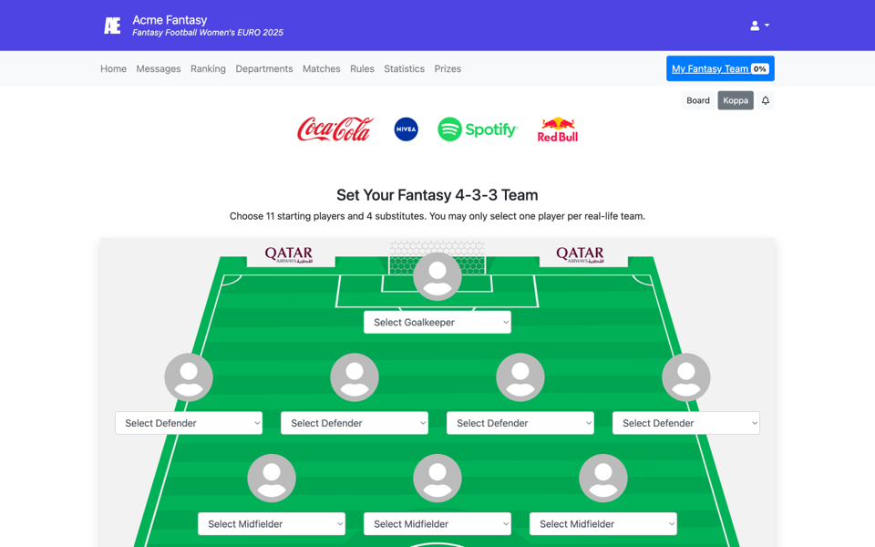 Schermata di selezione della squadra